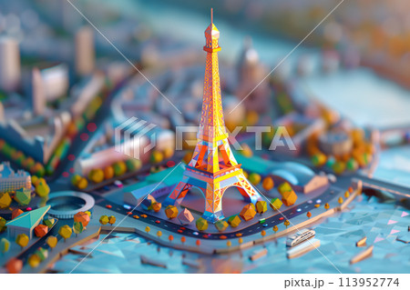 3D isometric diorama model of the Eiffel Tower in Paris, France, featuring stylized geometric shapes, exaggerated proportions, and dynamic angles to capture the iconic monument's elegance and 113952774