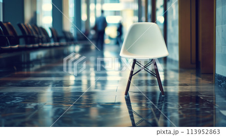 single empty chair placed prominently in the center of the frame, with company employees positioned alongside. 113952863
