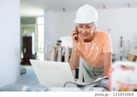 Owner of the cottage checks the completion of repair work using laptop 113953069