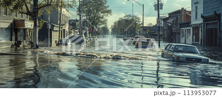 flood inundating a city street with murky water rising and residents evacuating their homes. flood inundating a city street with murky water rising and residents evacuating their homes. 113953077