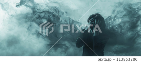person holding their head in despair, surrounded by swirling clouds of anxiety and stress. 113953280
