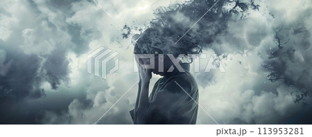 person holding their head in despair, surrounded by swirling clouds of anxiety and stress. person holding their head in despair, surrounded by swirling clouds of anxiety and stress. 113953281