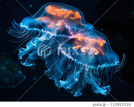 the bioluminescent glow of deep sea jellyfish in the abyssal darkness 113953318