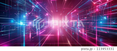 digital background with glowing neon lines and geometric shapes. 113953331