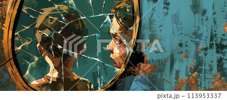 child's reflection in a broken mirror 113953337