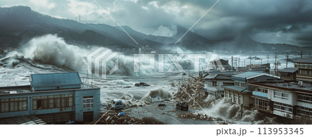 tsunami crashing onto a coastal town, with powerful waves engulfing buildings and vehicles. 113953345