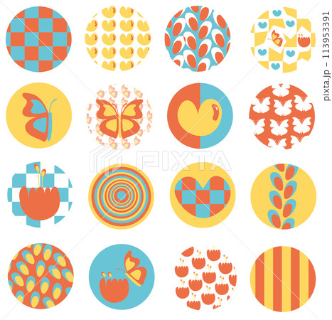 Illustration of cute summer icons such as heart, butterfly and flowers for picnic, spring, pastel stickers, logo, decoration, cute patches, brooch, shirt print, kids Illustration of cute summer icons such as heart, butterfly and flowers for picnic, spring, pastel stickers, logo, decoration, cute patches, brooch, shirt print, kids 113953391