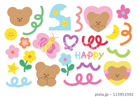 Illustration of cute pastel elements such as teddy bear, flowers, butterfly, heart, star, doodles, confetti for summer, picnic, spring, pastel stickers, decoration, cute patches, brooch, shirt print 113953392