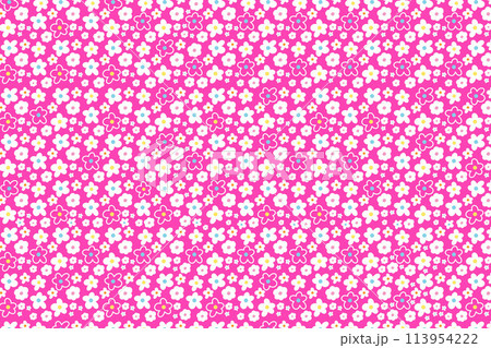 Illustration of white flowers on a shocking pink background for floral print, spring, summer pattern, dress, kid clothes, fabric, picnic, nature, garden, garment, textiles, wallpaper, backdrop 113954222