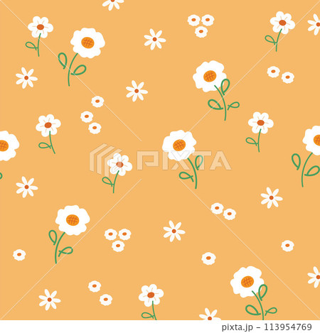 Illustration of white flowers on a pastel orange background for spring, summer pattern, fabric print, wallpaper, backdrop, textile, garment, women fashion, clothes, dress, wallpaper, backdrop, picnic 113954769