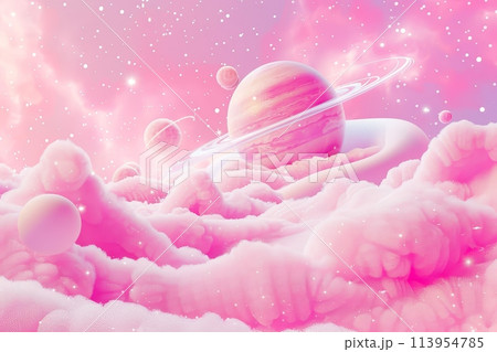 A colorful space scene with a pink background...のイラスト素材 [113954785] - PIXTA
