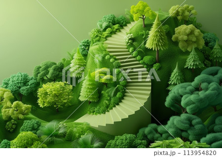 A lush green jungle with a winding path leading up to a tree with Generative AI 113954820