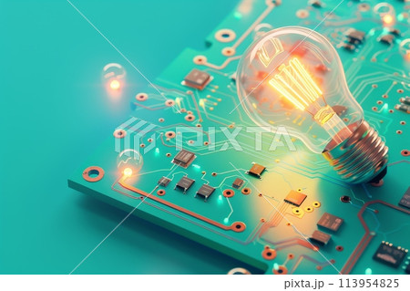 A light bulb is lit up on a circuit board with Generative AI 113954825