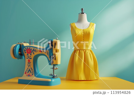 A dress is displayed on a table next to a sewing machine with Generative AI 113954826