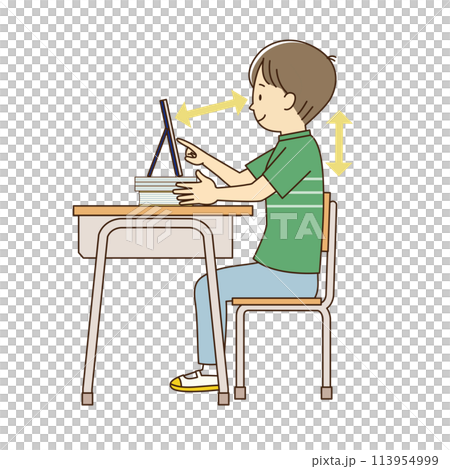机でタブレットしている姿勢が良い小学生の男の子 机でタブレットしている姿勢が良い小学生の男の子 113954999