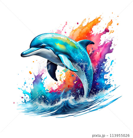 Dolphin painting on clean background. Undersea animals. Illustration, Generative AI. 113955026