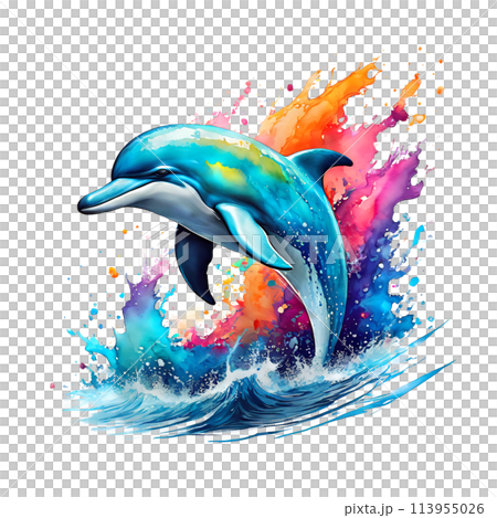 Dolphin painting on clean background. Undersea animals. Illustration, Generative AI. 113955026