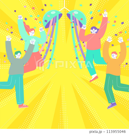 カラフルなくす玉と、ジャンプして喜ぶ男女グループのイラスト 放射状のサンバースト背景 カラフルなくす玉と、ジャンプして喜ぶ男女グループのイラスト 放射状のサンバースト背景 113955046