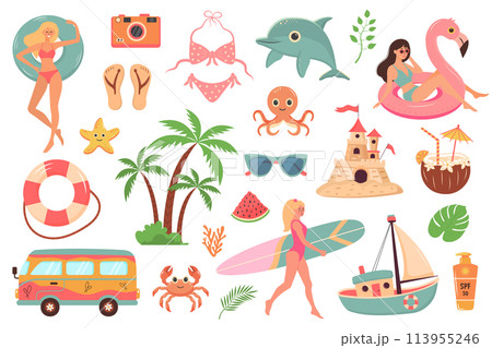 Summer beach travel set. Cute cartoon stickers collection. Summer holiday, beach rest, vacation concept. 113955246