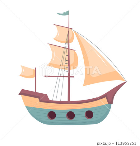 Cute sailing ship. Marine transport clipart. Vector illustration isolated on white background. 113955253