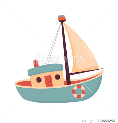 Cute sailing ship. Marine transport clipart. Vector illustration isolated on white background. 113955255