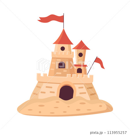 Sandcastle with red flags. Castle with tower made from yellow sand. Summer, seashore, vacation concept. Vector illustration isolated on white background. 113955257