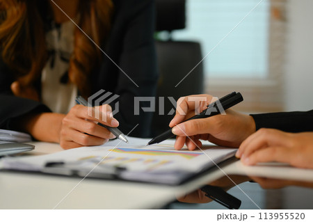 Closeup shot of businesswomen discussing financial papers at co working space Closeup shot of businesswomen discussing financial papers at co working space 113955520