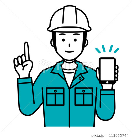 スマートフォンを持って説明する作業員の男性 スマートフォンを持って説明する作業員の男性 113955744
