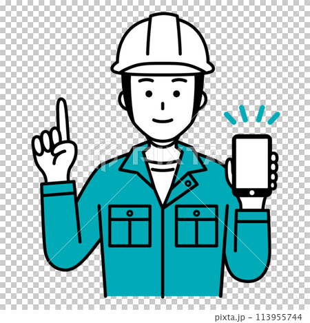 スマートフォンを持って説明する作業員の男性 スマートフォンを持って説明する作業員の男性 113955744