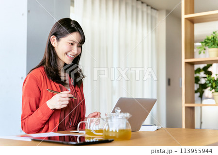 学校のオンライン授業を一人暮らしの部屋のノートパソコンで受講する20代から30代の女性の学生 113955944