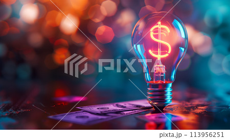 A close-up of a colorful light bulb with a dollar sign symbol, representing innovative fintech solutions 113956251