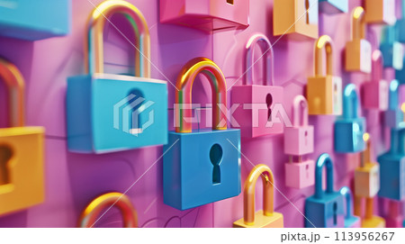 A collection of colorful padlocks displayed on...のイラスト素材 [113956267 ...