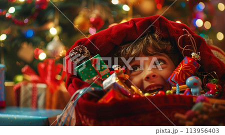 A child excitedly peeking into a stocking overflowing with toys and candy 113956403