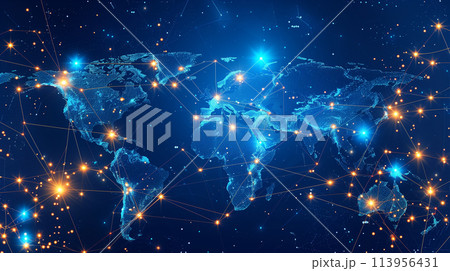 A global map with highlighted points representing financial transactions secured by blockchain 113956431