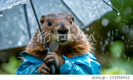 A groundhog dressed in a tiny raincoat and holding an umbrella, prepared for any weather 113956432