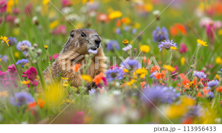 A groundhog foraging for food in a field of wildflowers 113956433