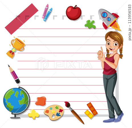 Cheerful Teacher with Educational Icons Cheerful Teacher with Educational Icons 113956583