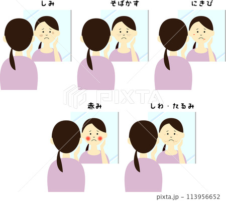 鏡越しの肌悩みを抱える女性 113956652