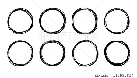 Round circular logo hand drawn brush stroke icon frame element. Round logo frame hand drawn texture brush stroke. Circle doodle ink black shape. Rough grunge circular. Vector Round circular logo hand drawn brush stroke icon frame element. Round logo frame hand drawn texture brush stroke. Circle doodle ink black shape. Rough grunge circular. Vector 113956814