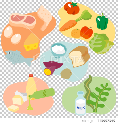Set of vector illustrations of foods classified into the five major nutrients 113957345