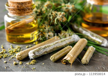 Marijuana buds with marijuana joints and cannabis oil. Marijuana buds with marijuana joints and cannabis oil. 113958014