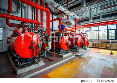 Modern boiler room with gas boilers, industrial heating. 113958020