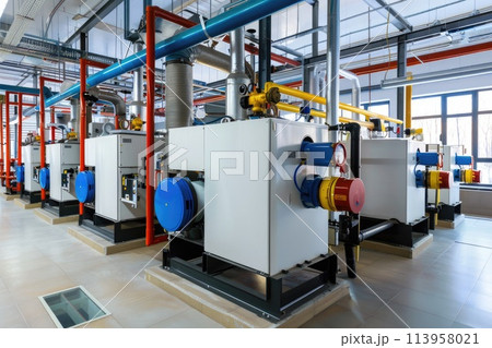 Modern boiler room with gas boilers, industrial heating. 113958021