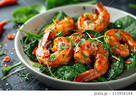 Fried prawns or shrimps with spinach, chili and garlic in white plate. 113958184
