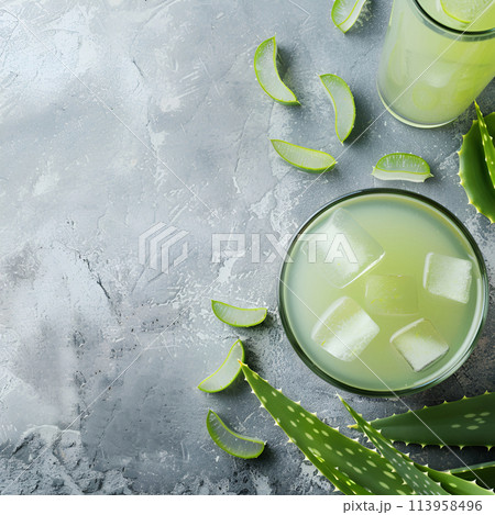 Cold drinks with aloe vera ingredient top view on concrete backgrounds. Copy space 113958496