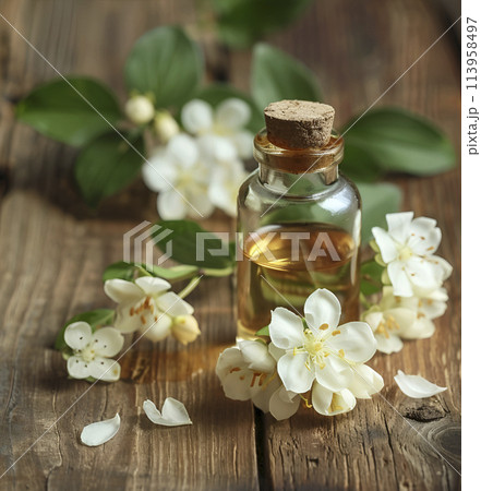 Essential oil of jasmine flower on wooden backgrounds 113958497