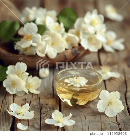 Essential oil of jasmine flower on wooden backgrounds 113958498