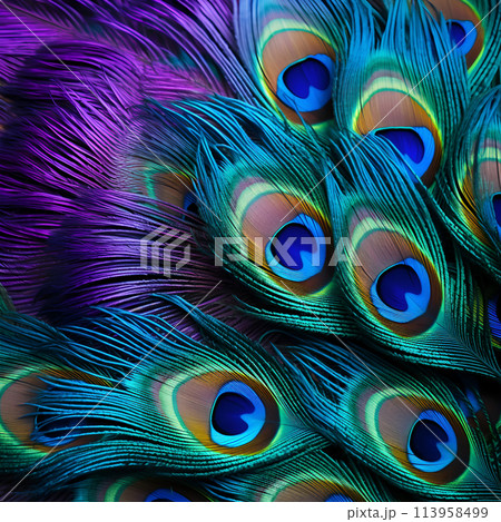 Backgrounds of colored peacock feathers close-up 113958499