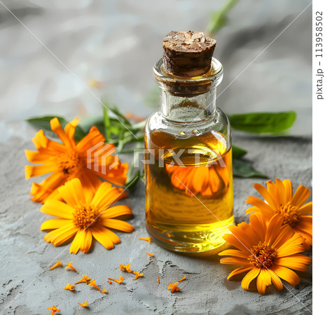 Essential oil of calendula flower on concrete backgroinds. Cosmetic oil 113958502