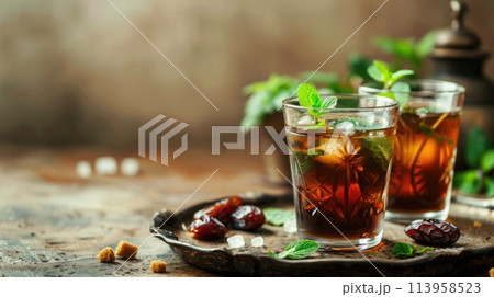Moroccan tea in traditional glasses with mint, dates and sugar 113958523